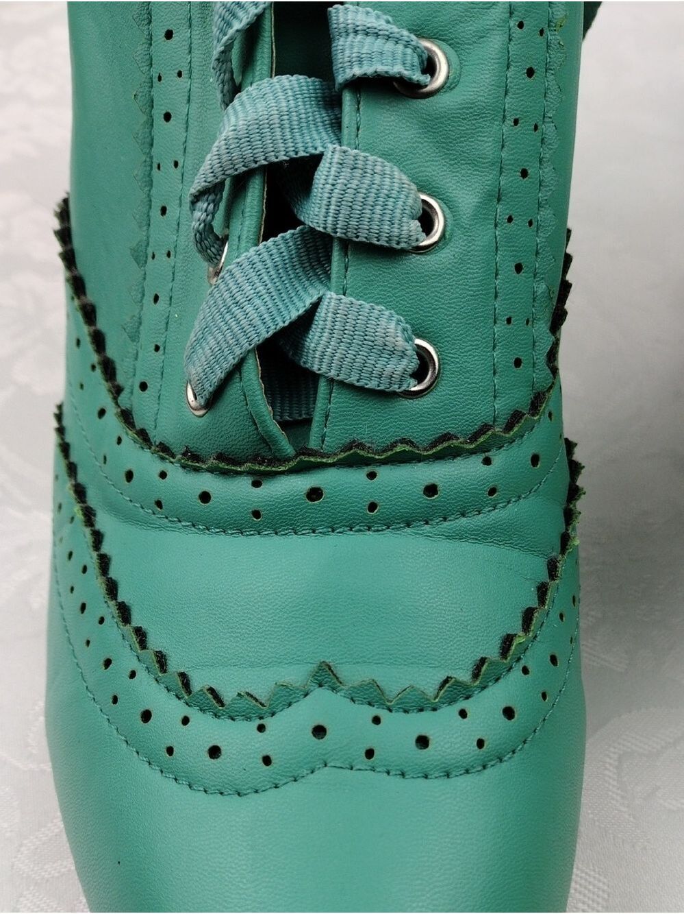 Machi Coca-01 Teal Leather Lace Up Scalloped Upper Heeled 1930 Style Oxford Shoe - Picture 13 of 16